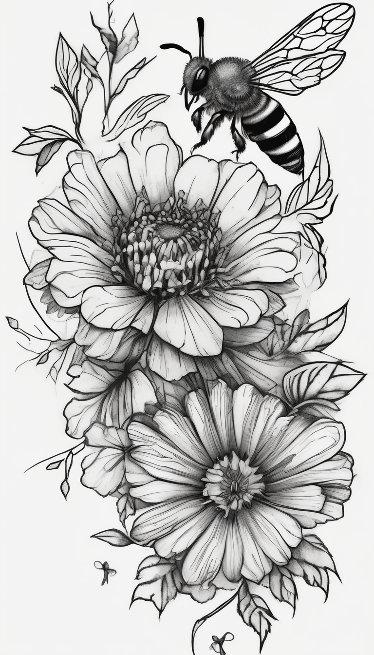 Verticle arm wrap of dainty flowers and leaves with bee forearm, AI-generated Sketch tattoo design