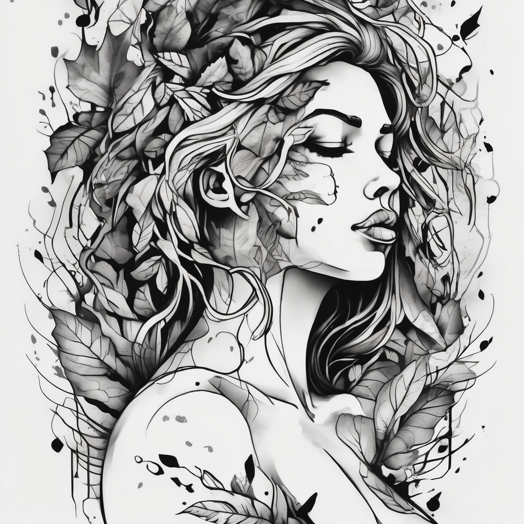 big breasts covered with leaves dripping with ink, best-ink, AI-generated Sketch tattoo design