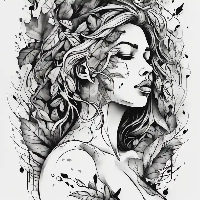 sketch style RIP Tattoo Ideas in 2025 about big breasts covered with leaves dripping with ink and best-ink
