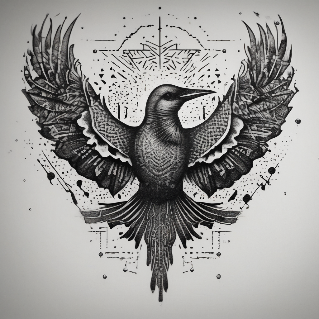 Words become liquid ink that becomes birds best-ink(AIが生成したドットワークスタイルのタトゥーデザイン)