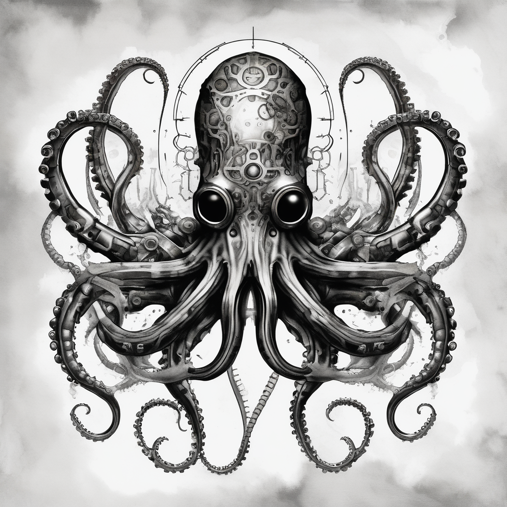 Octopus. Steampunk. Biomech. Sinster(AIが生成した水彩スタイルのタトゥーデザイン)