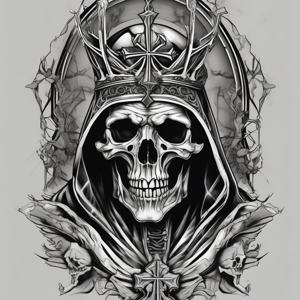 An evil bishop skeleton(AIが生成した白黒スタイルのタトゥーデザイン)