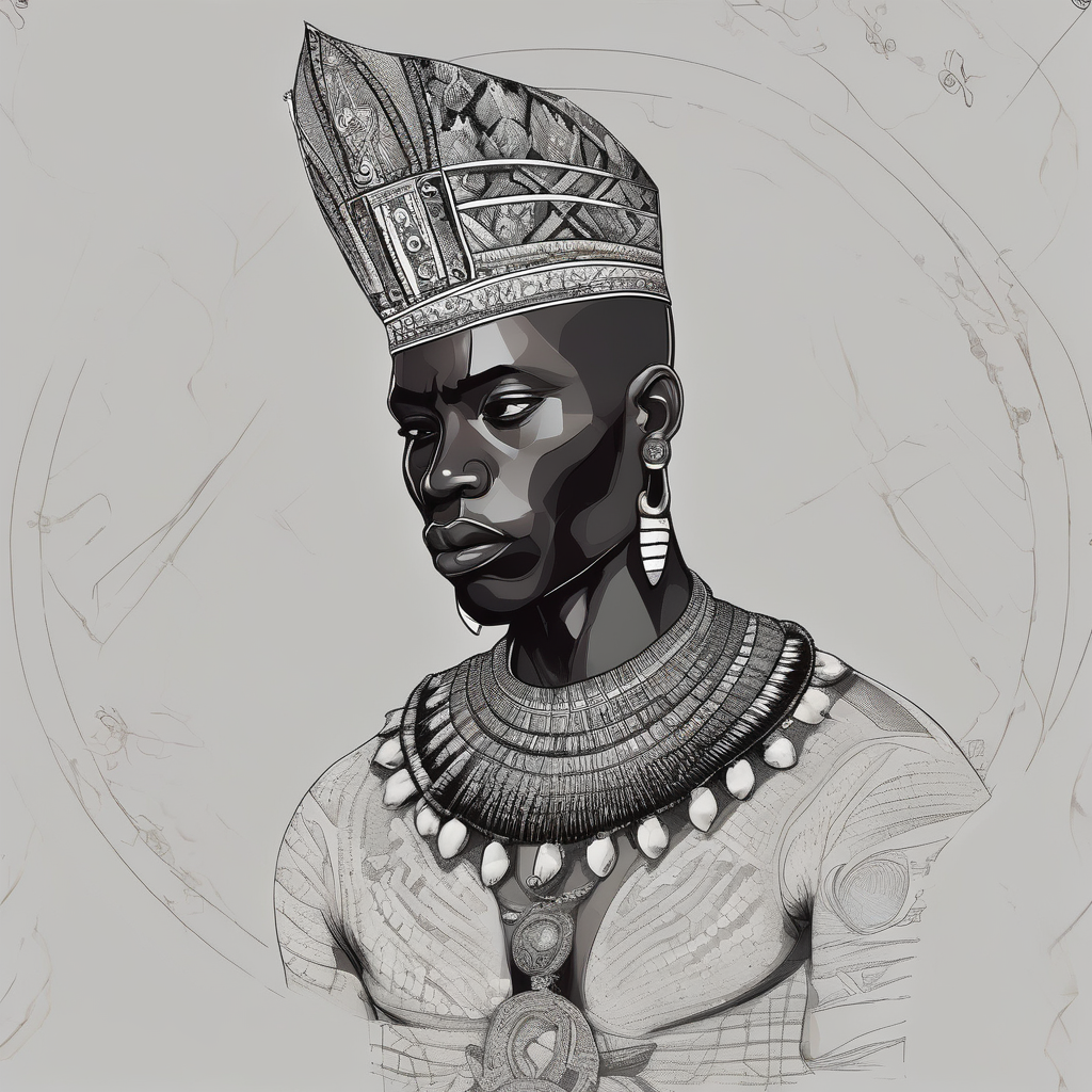 Black-skinned bald african warrior. He wears a simple and small silver crown. He uses a necklace of cowry shells black-lotus, AI-generated Dotwork tattoo design