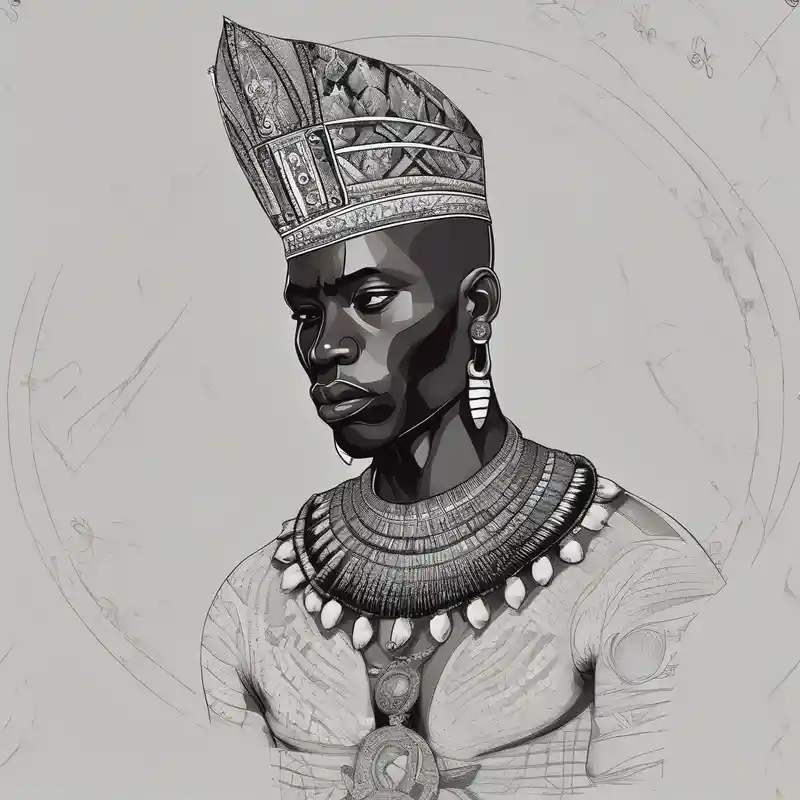 Black-skinned bald african warrior. He wears a simple and small silver crown. He uses a necklace of cowry shells – Dotwork, Vibrant color