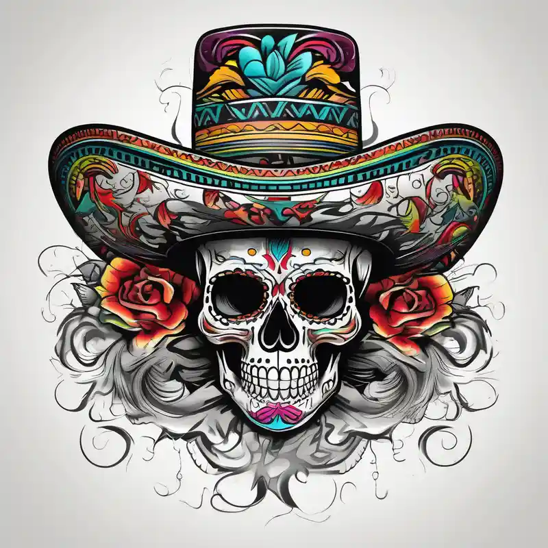 Mexican skull with sombrero with smoke coming out of the bottom orange and black – オールドスクール, カラフル