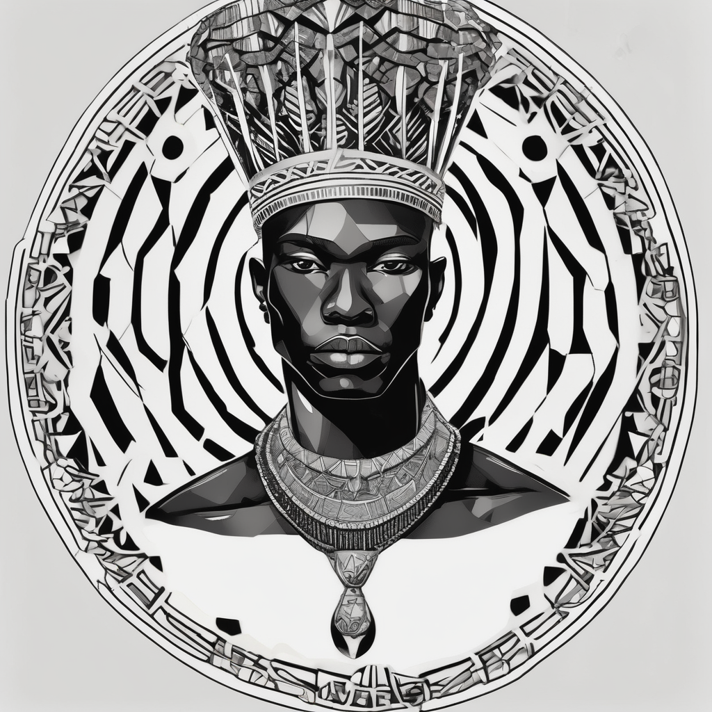 Black-skinned bald african warrior. He wears a simple and small silver crown. He uses a necklace of cowry shells black-lotus, AI-generated Geometric tattoo design