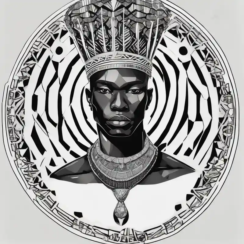 Black-skinned bald african warrior. He wears a simple and small silver crown. He uses a necklace of cowry shells