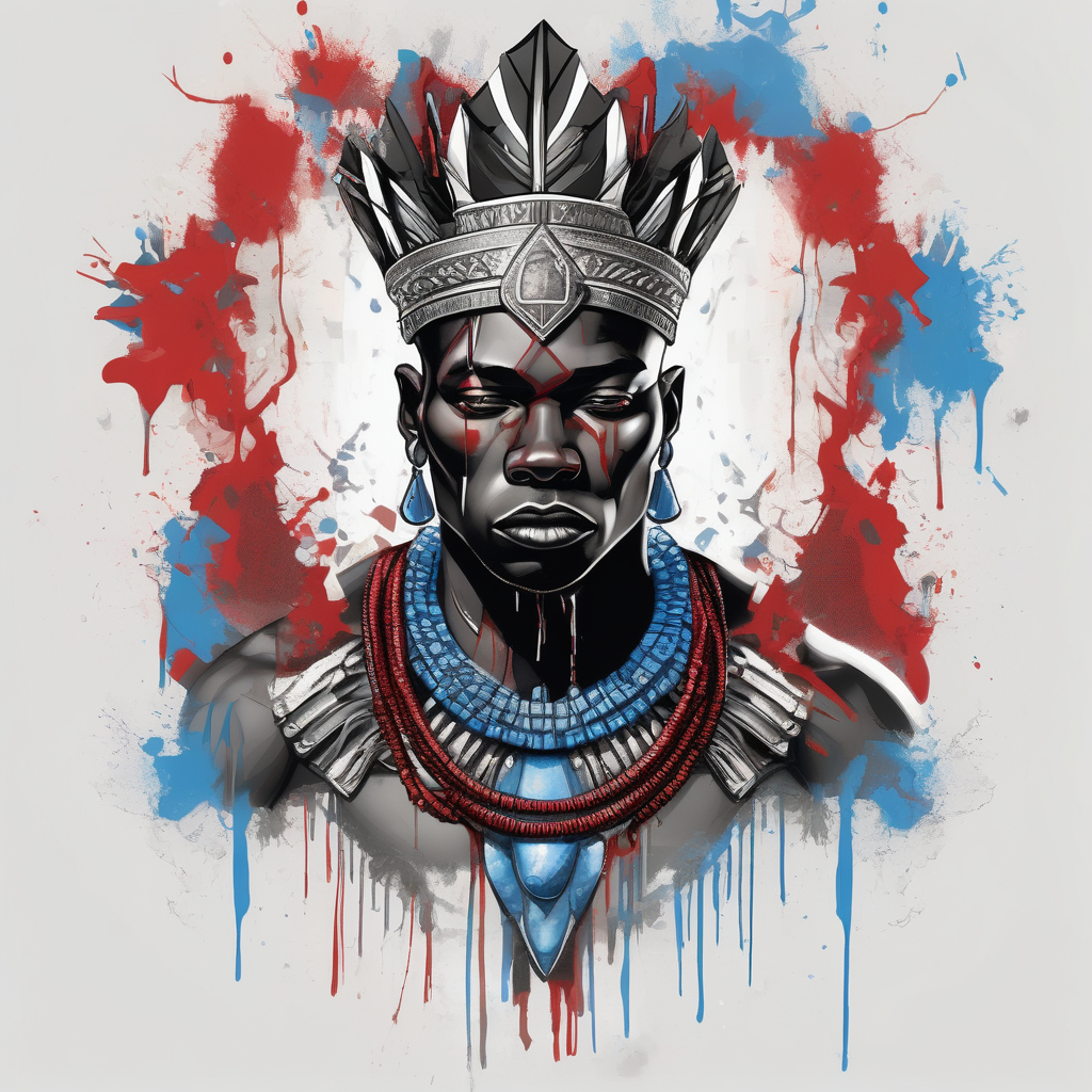 Black-skinned bald african warrior. He wears a simple and small silver crown. He uses blue and red necklaces black-lotus, diseño de tatuaje Acuarela generado con IA