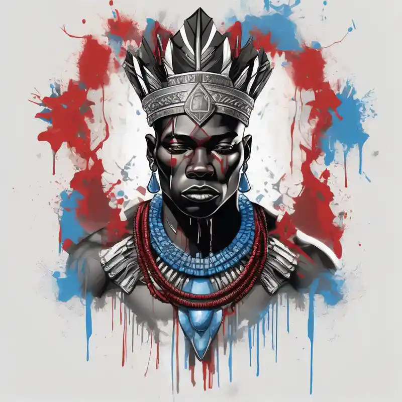 Black-skinned bald african warrior. He wears a simple and small silver crown. He uses blue and red necklaces – Watercolor, Black and white