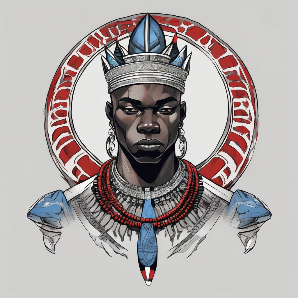 Black-skinned bald african warrior. He wears a simple and small silver crown. He uses two simple necklaces: one blue, other red. He has cowry shells in his crown black-lotus, diseño de tatuaje Boceto generado con IA