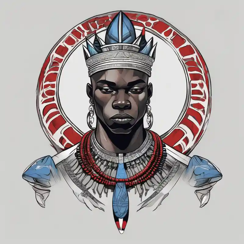 Black-skinned bald african warrior. He wears a simple and small silver crown. He uses two simple necklaces: one blue, other – Sketch, Vibrant color