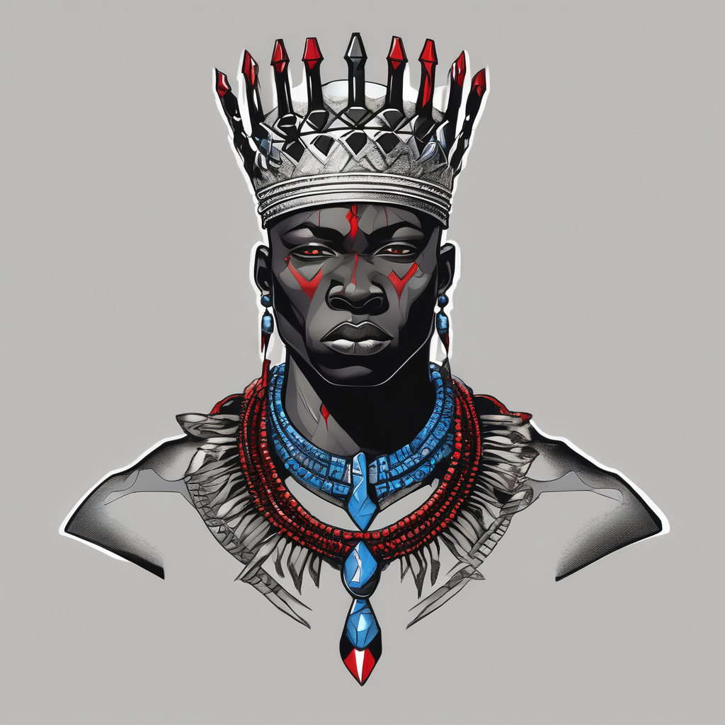 Black-skinned bald african warrior. He wears a simple and small silver crown. He uses blue and red necklaces black-lotus, AI-generated Black and White tattoo design
