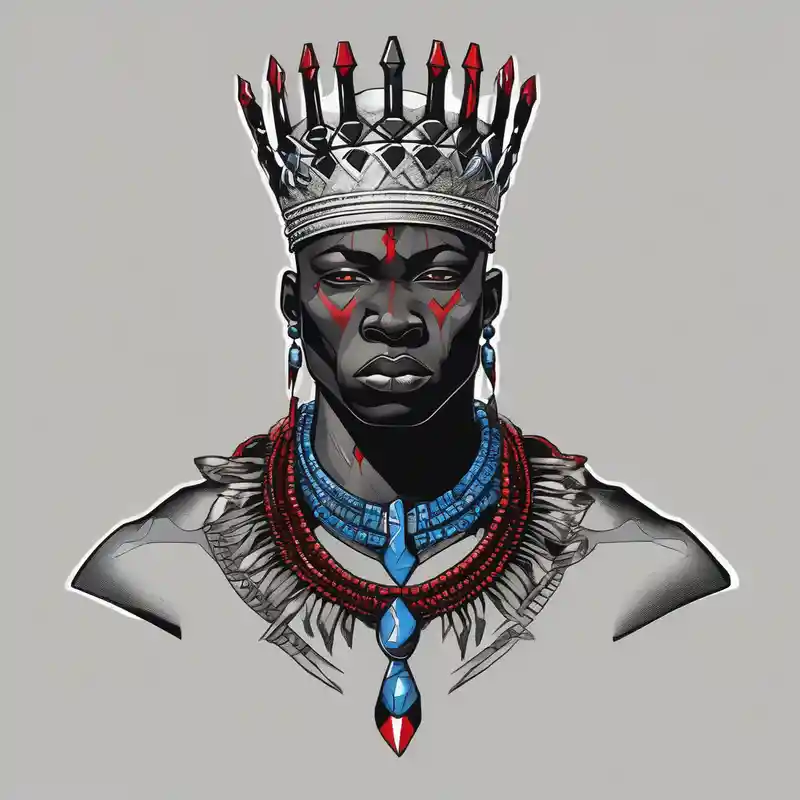 Black-skinned bald african warrior. He wears a simple and small silver crown. He uses blue and red necklaces