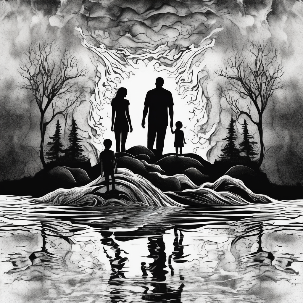 Silhouette of father standing in between daughter and younger son in front of water with reflection and waterfall with the waterfall only being blue. Everything else black and white black-lotus(AIが生成したシュルレアリスムスタイルのタトゥーデザイン)