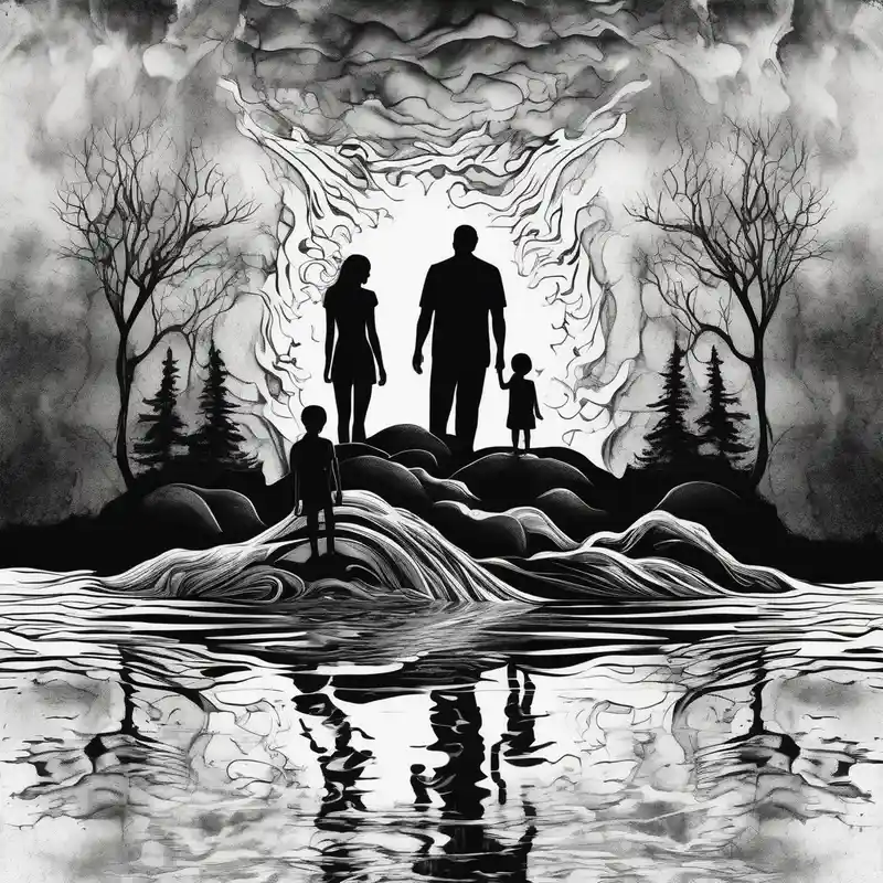 Silhouette of father standing in between daughter and younger son in front of water with reflection and waterfall with the – シュルレアリスム, カラフル