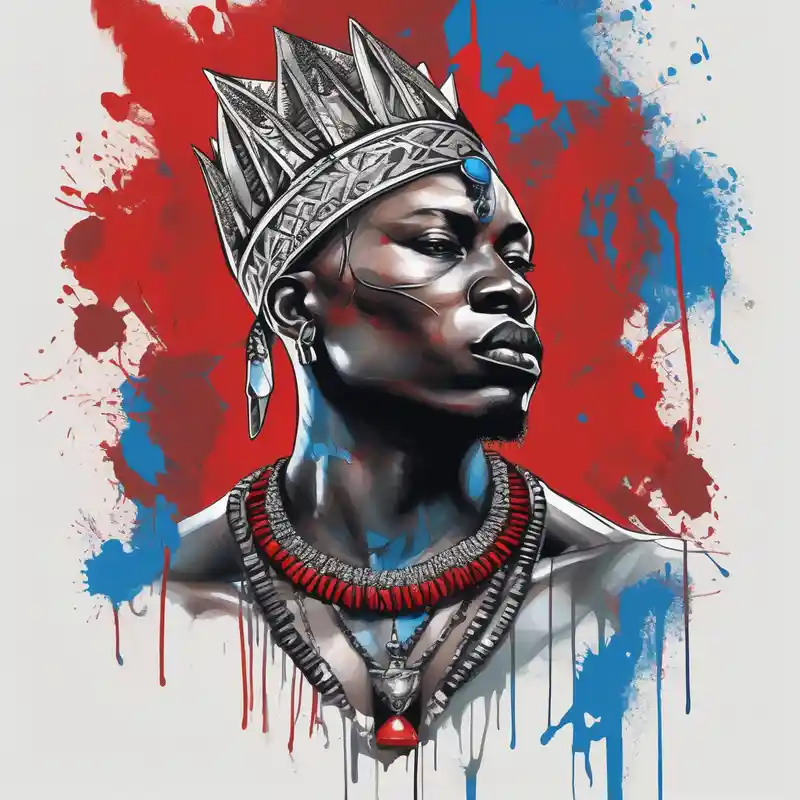 Black-skinned bald african warrior. He wears a small silver crown. He wears two simple necklaces: one blue, other red. – Watercolor, Vibrant color