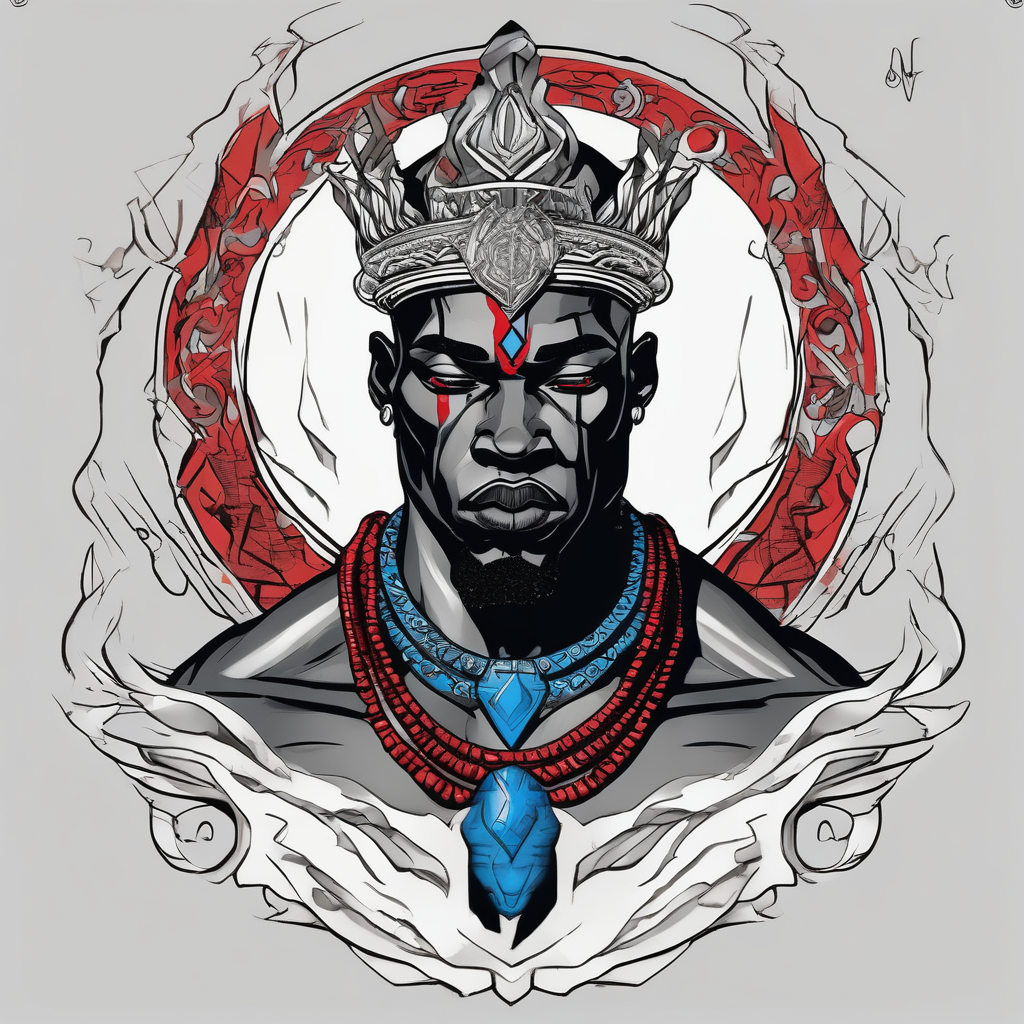 Black-skinned bald african god of war. He has a silver crown. He wears two simple necklaces: one blue, other red. Looking front black-lotus, design de tatouage Blackwork généré par IA
