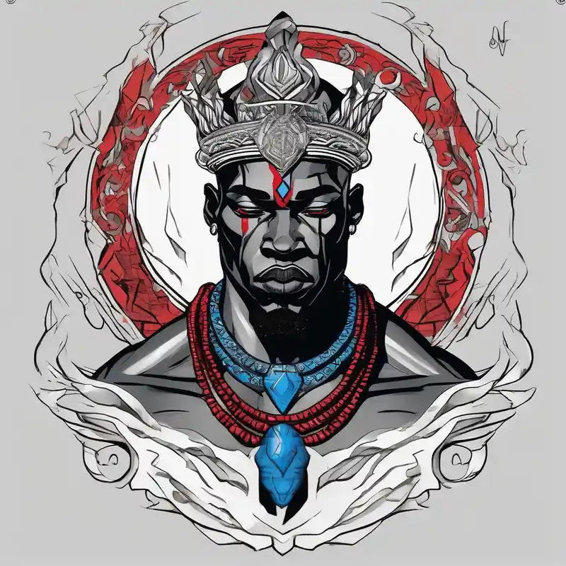 Black-skinned bald african god of war. He has a silver crown. He wears two simple necklaces: one blue, other red. Looking – Blackwork, Black and white