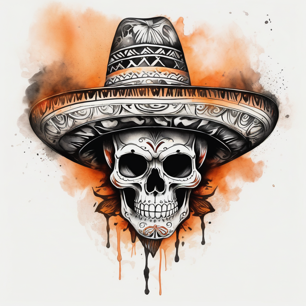 Mexican skull with sombrero with smoke coming out of the bottom orange and black black-lotus(AIが生成した水彩スタイルのタトゥーデザイン)