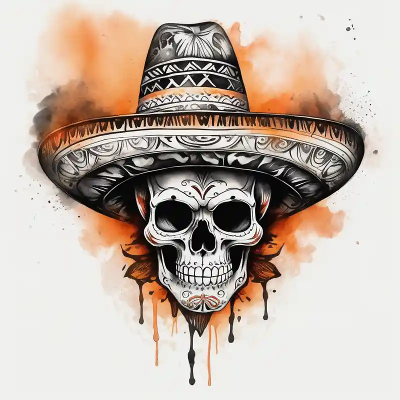 Mexican skull with sombrero with smoke coming out of the bottom orange and black