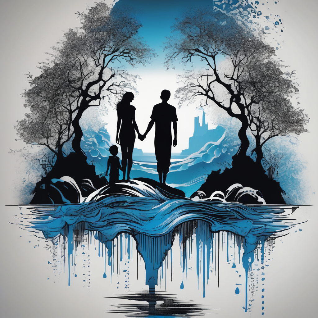 Silhouette of father standing in between daughter and younger son in front of water with reflection and waterfall with the waterfall only being blue. Everything else black and white black-lotus(AIが生成したドットワークスタイルのタトゥーデザイン)