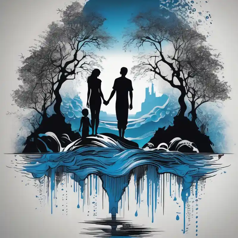 Silhouette of father standing in between daughter and younger son in front of water with reflection and waterfall with the