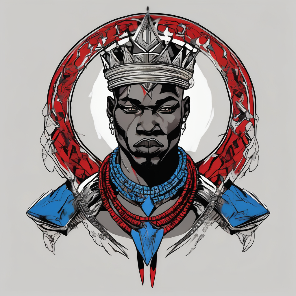 Black-skinned bald african warrior. He wears a simple and small silver crown. He wears two simple necklaces: one blue, other red. black-lotus, AI-generated Old School tattoo design