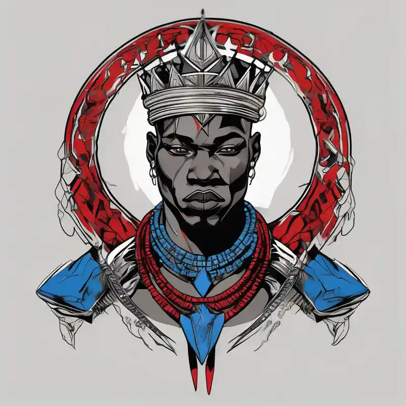 Black-skinned bald african warrior. He wears a simple and small silver crown. He wears two simple necklaces: one blue, other – Old School, Black and white