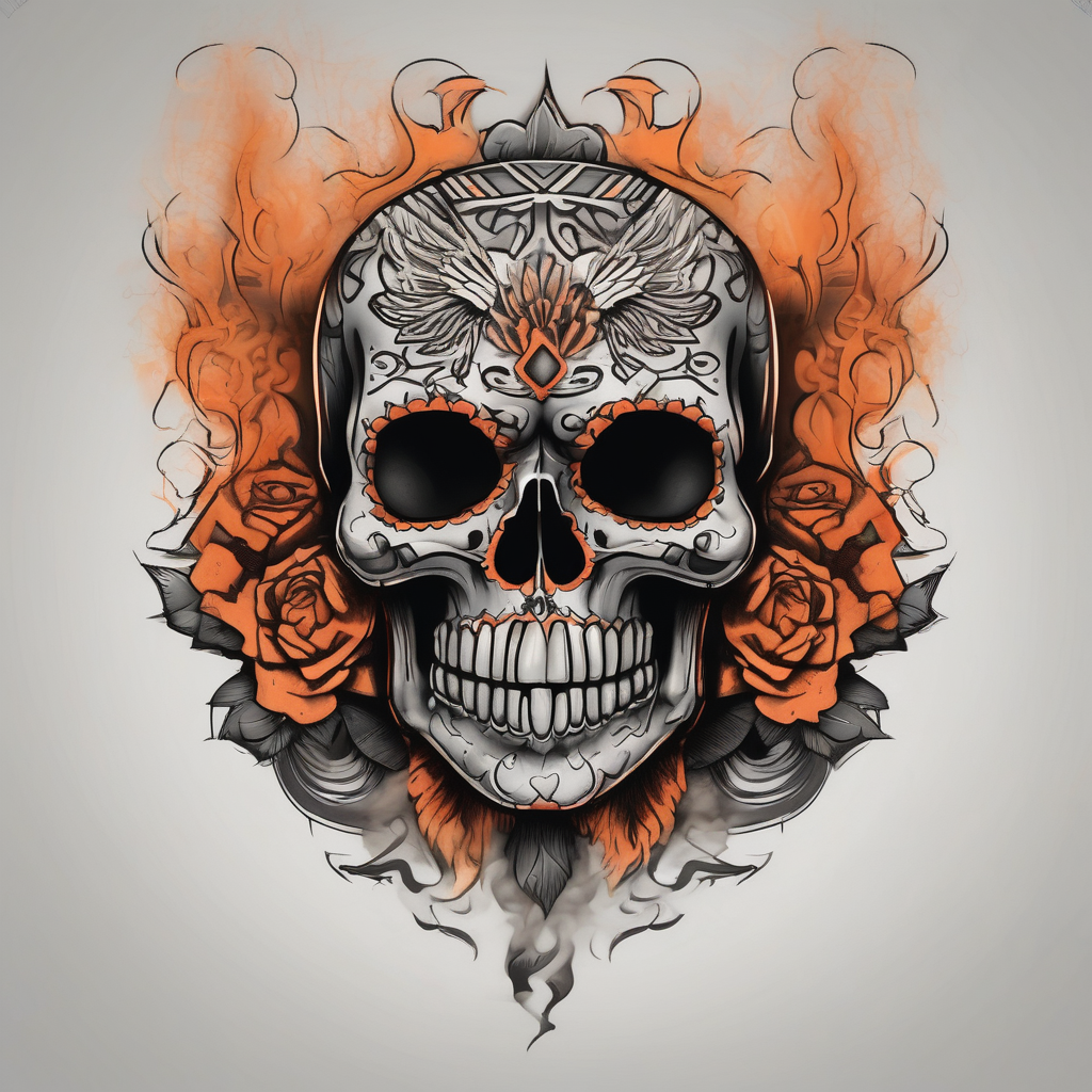 Mexican skull with smoke coming out of the bottom orange and black black-lotus(AIが生成したリアリズムスタイルのタトゥーデザイン)