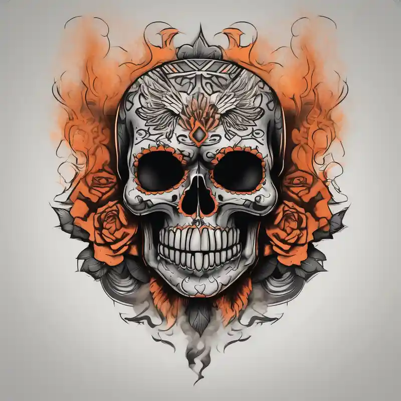 Mexican skull with smoke coming out of the bottom orange and black