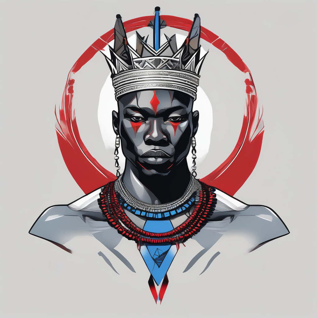 Black-skinned bald african warrior. He wears a simple and small silver crown. He wears two simple necklaces: one blue, other red. black-lotus, AI-generated Minimalist tattoo design