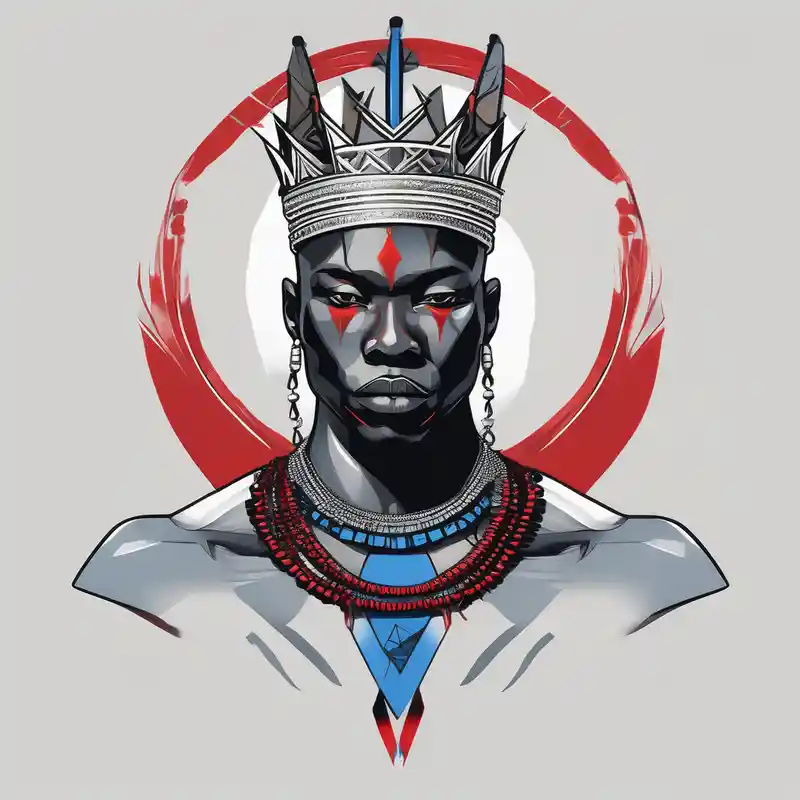 Black-skinned bald african warrior. He wears a simple and small silver crown. He wears two simple necklaces: one blue, other