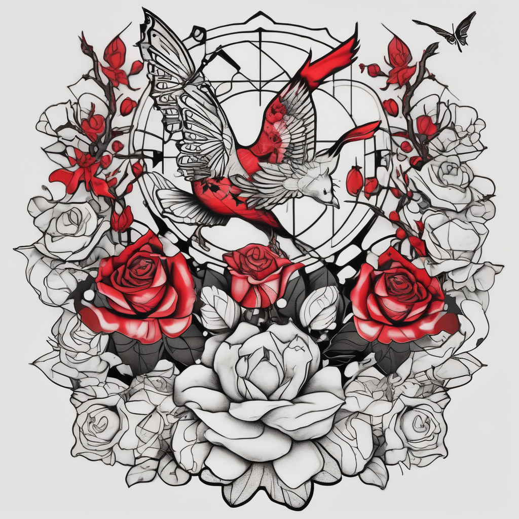 roses, Libra lady, butterflies, lotus flower, cherry blossom flowers, a red cardinal black-lotus(AIが生成したブラックワークスタイルのタトゥーデザイン)