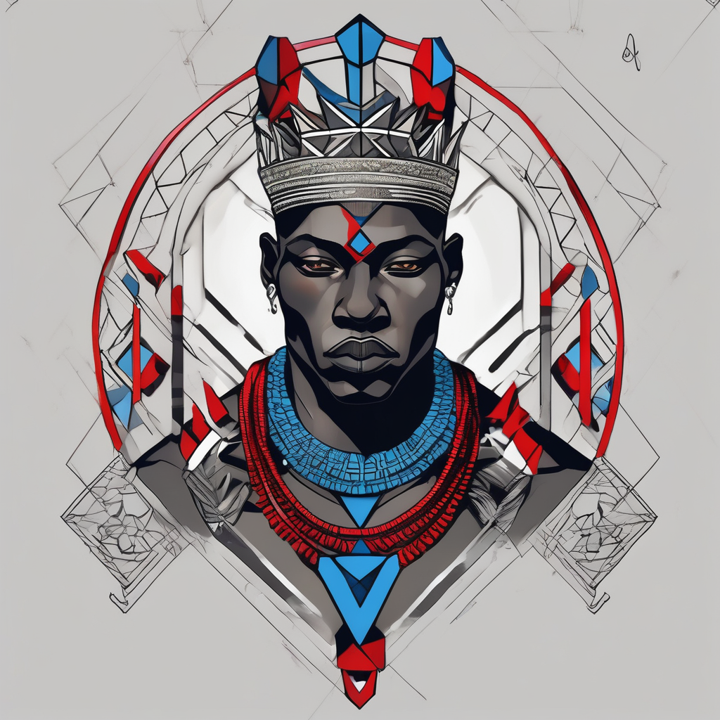Black-skinned bald african warrior. He wears a small silver crown. He wears two simple necklaces: one blue, other red. black-lotus, AI-generated Geometric tattoo design