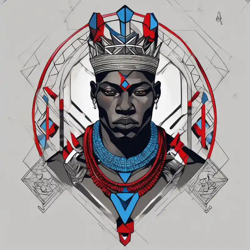 Black-skinned bald african warrior. He wears a small silver crown. He wears two simple necklaces: one blue, other red.
