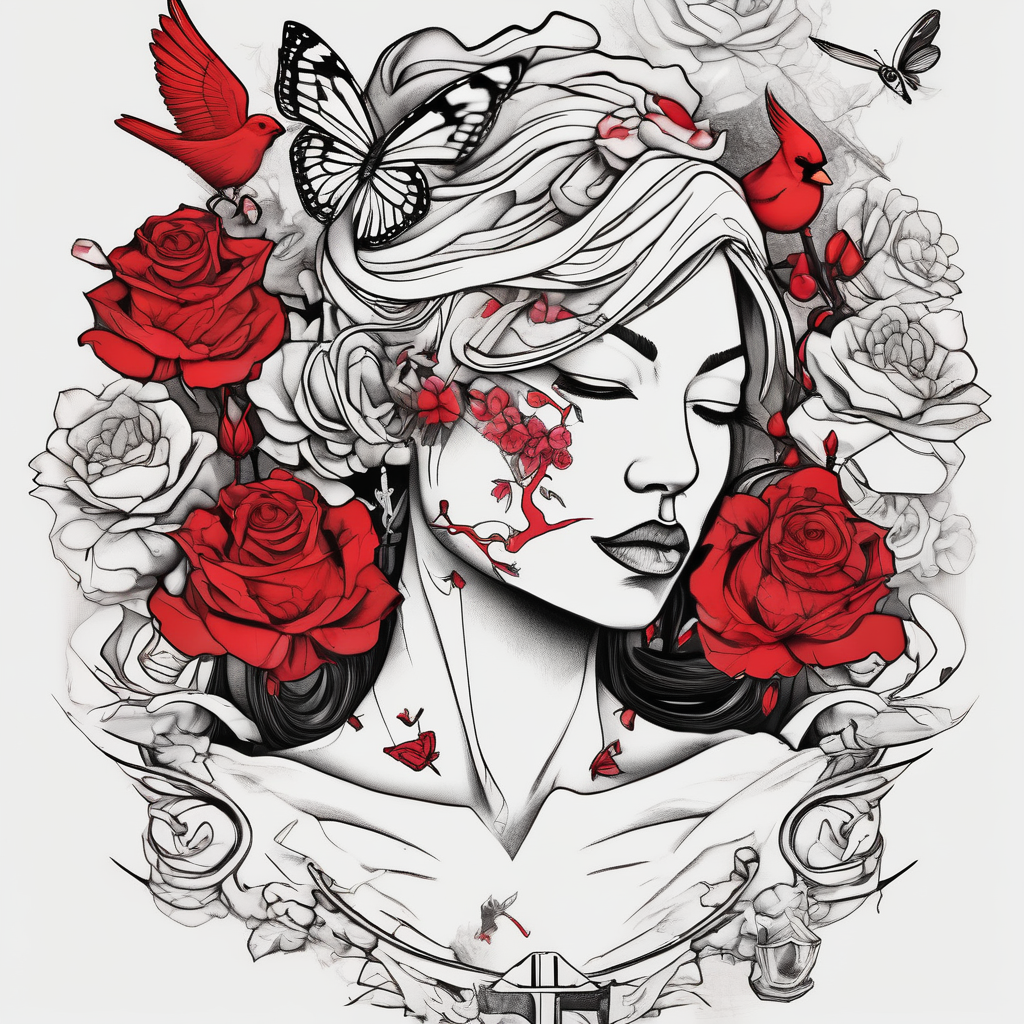 roses, Libra lady, butterflies, lotus flower, cherry blossom flowers, a red cardinal black-lotus(AIが生成したスケッチスタイルのタトゥーデザイン)