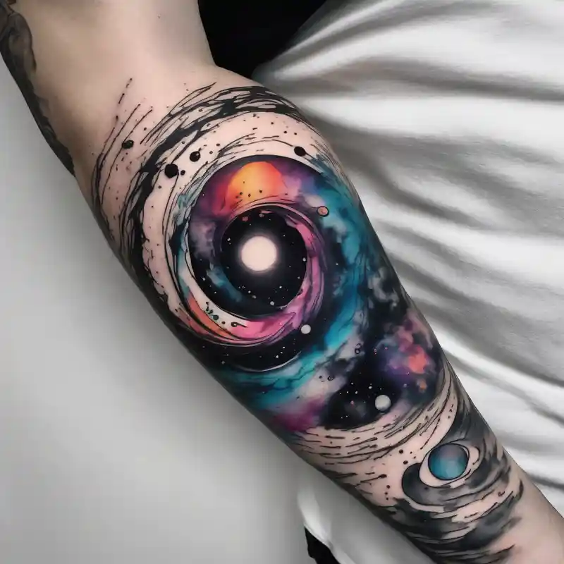 Sleeve tattoo of planets orbiting a supermassive black hole. – Watercolor, Vibrant color