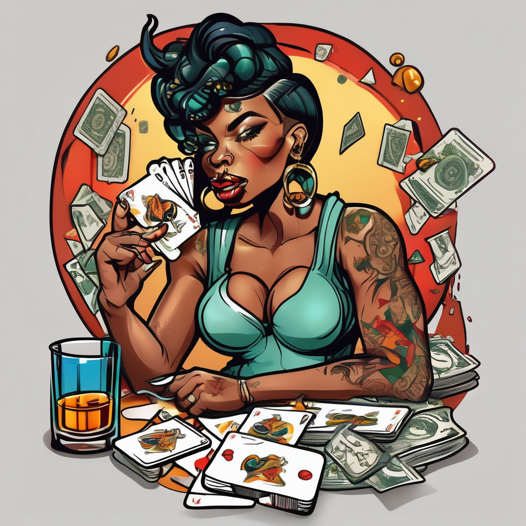 black woman bitting money dice cards whiskey black-lotus(AIが生成したカートゥーンスタイルのタトゥーデザイン)