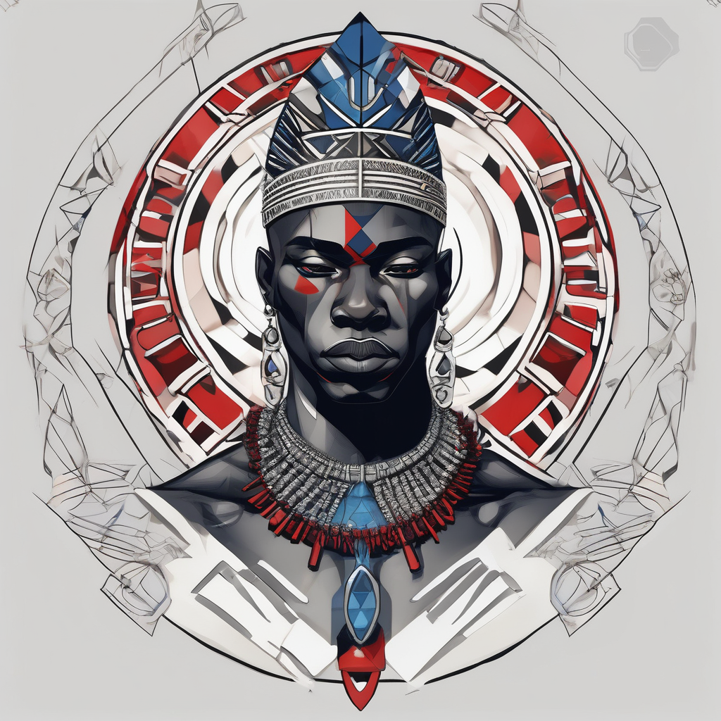 Black-skinned bald african warrior. He wears a simple and small silver crown. He uses two simple necklaces: one blue, other red. He has cowry shells in his crown black-lotus, AI-generated Geometric tattoo design