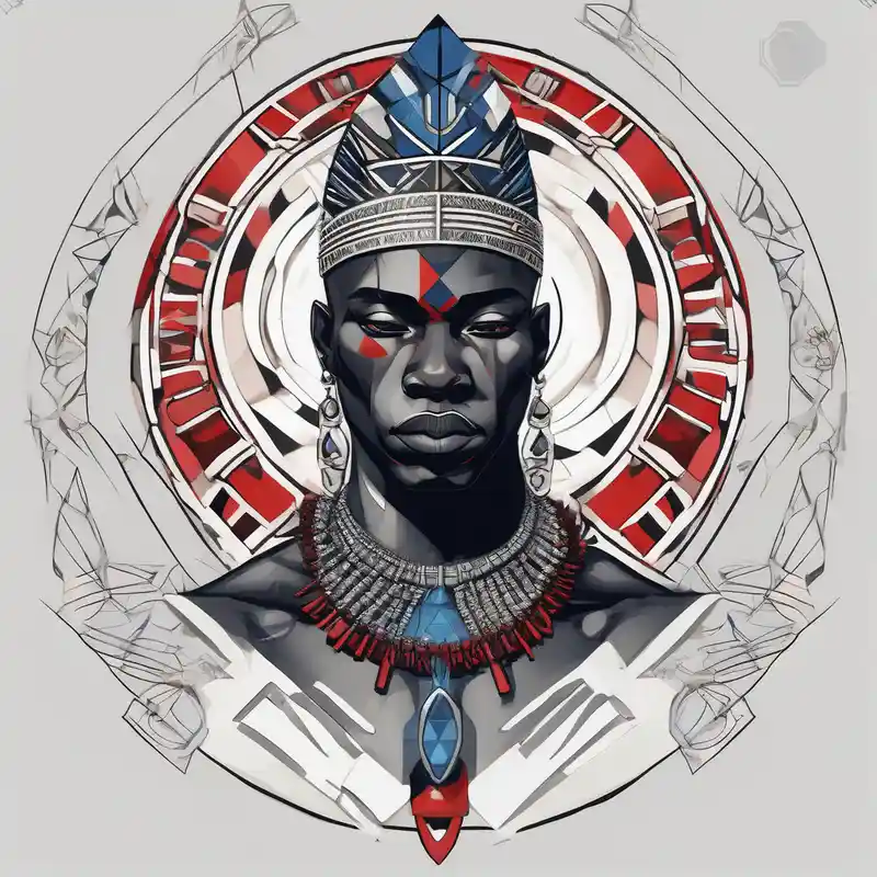 Black-skinned bald african warrior. He wears a simple and small silver crown. He uses two simple necklaces: one blue, other