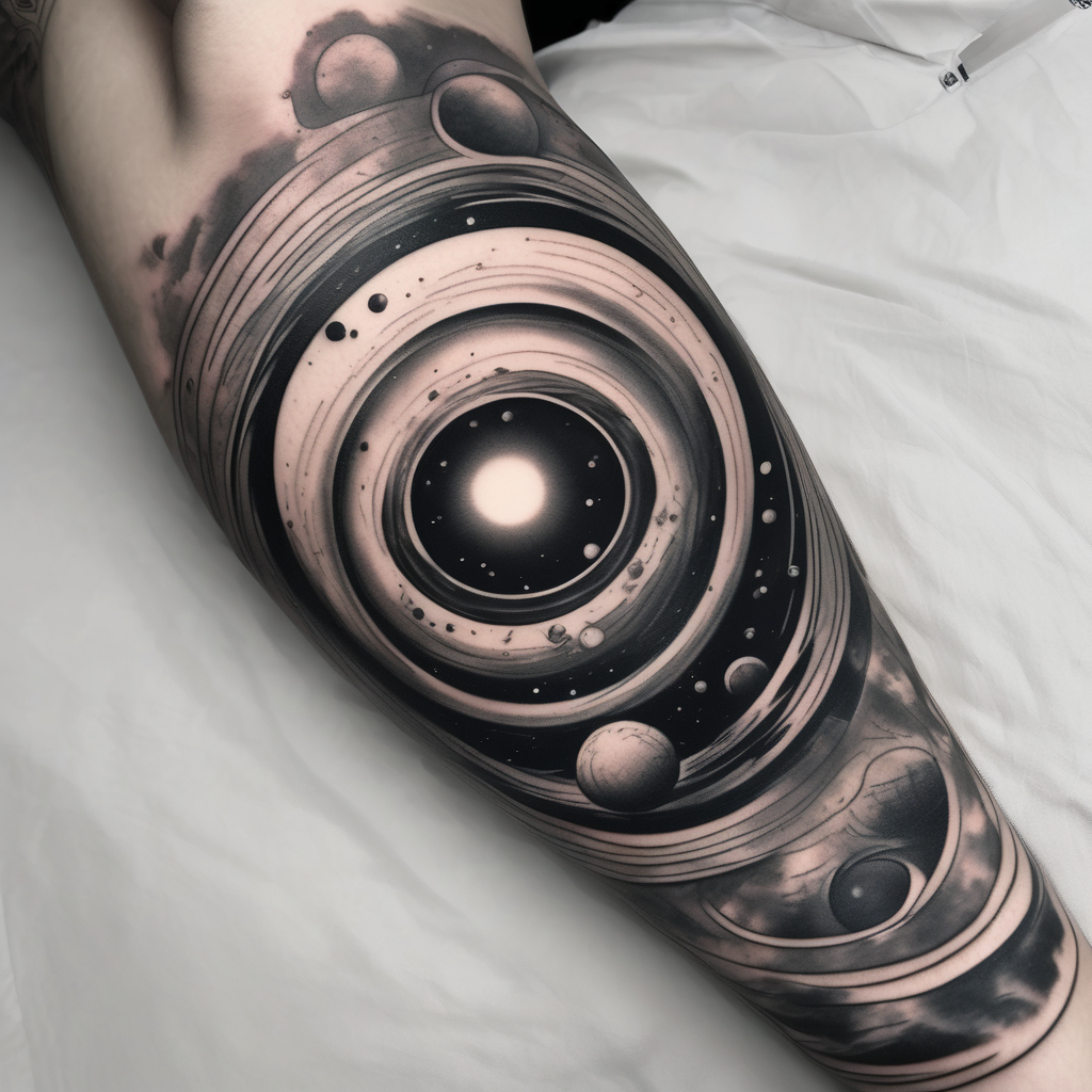 Sleeve tattoo of planets orbiting a supermassive black hole. black-lotus, diseño de tatuaje Realista generado con IA