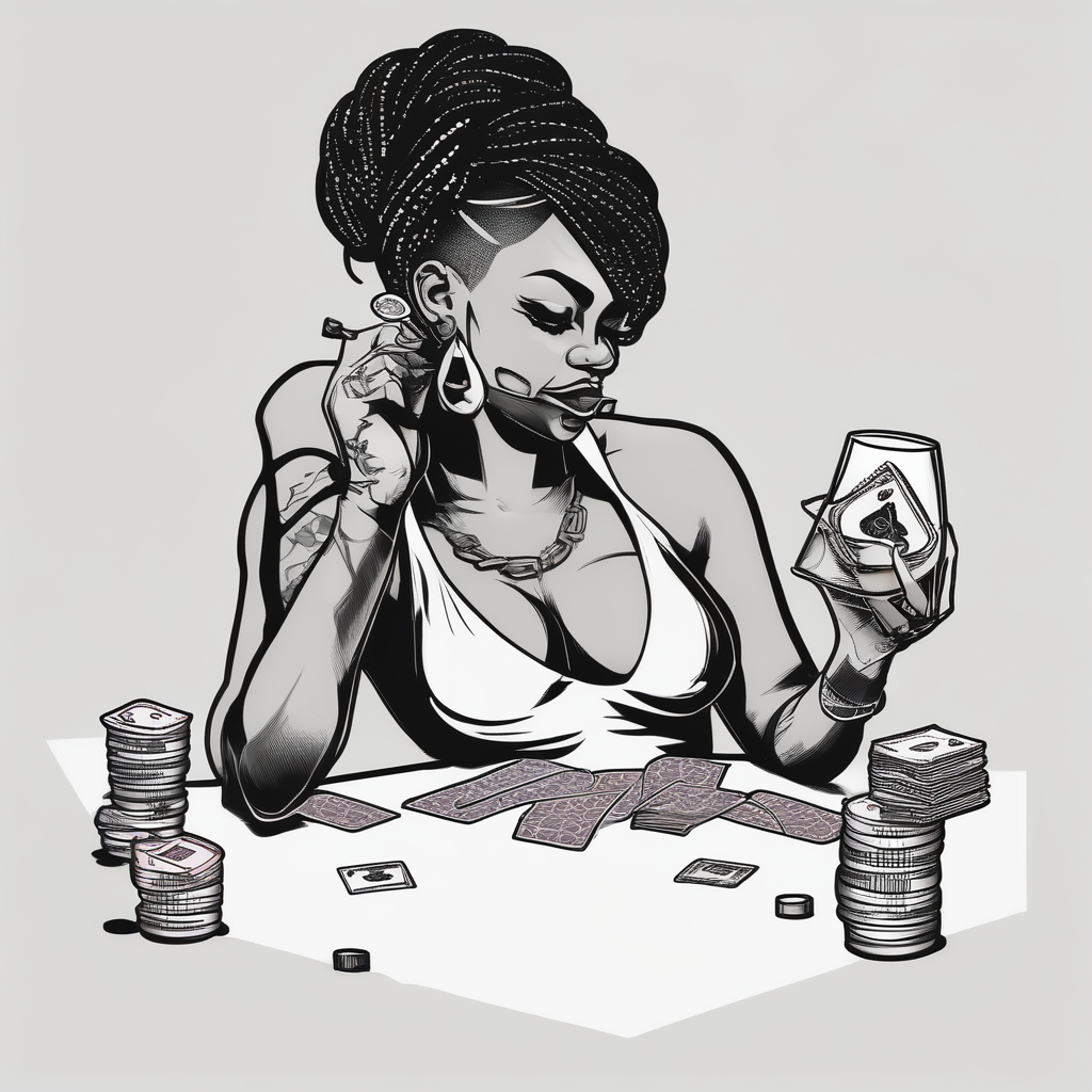 black woman bitting money dice cards whiskey black-lotus(AIが生成したミニマルスタイルのタトゥーデザイン)