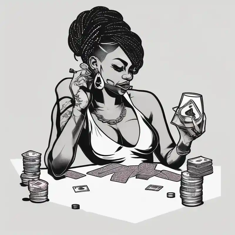 black woman bitting money dice cards whiskey