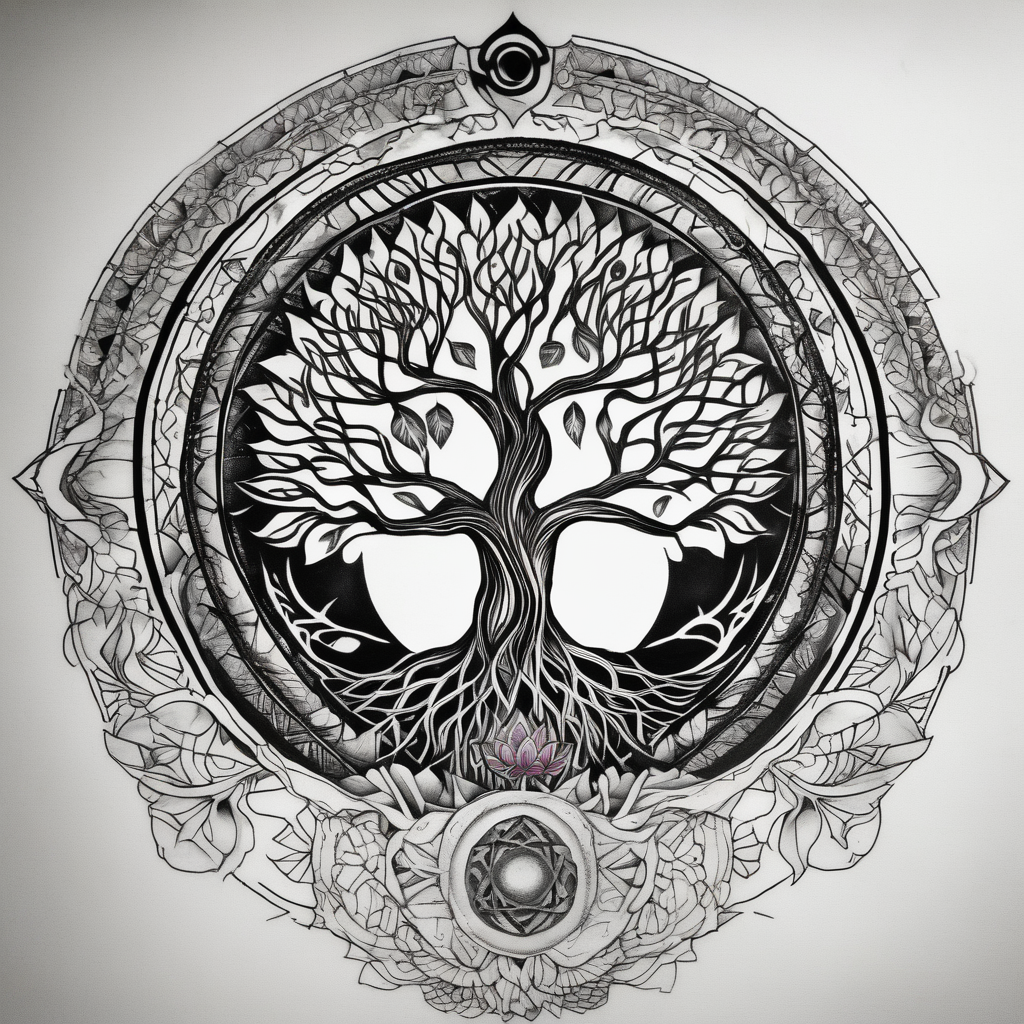 tree of life, infinity, chakras, lotus, mandala black-lotus, diseño de tatuaje Realista generado con IA