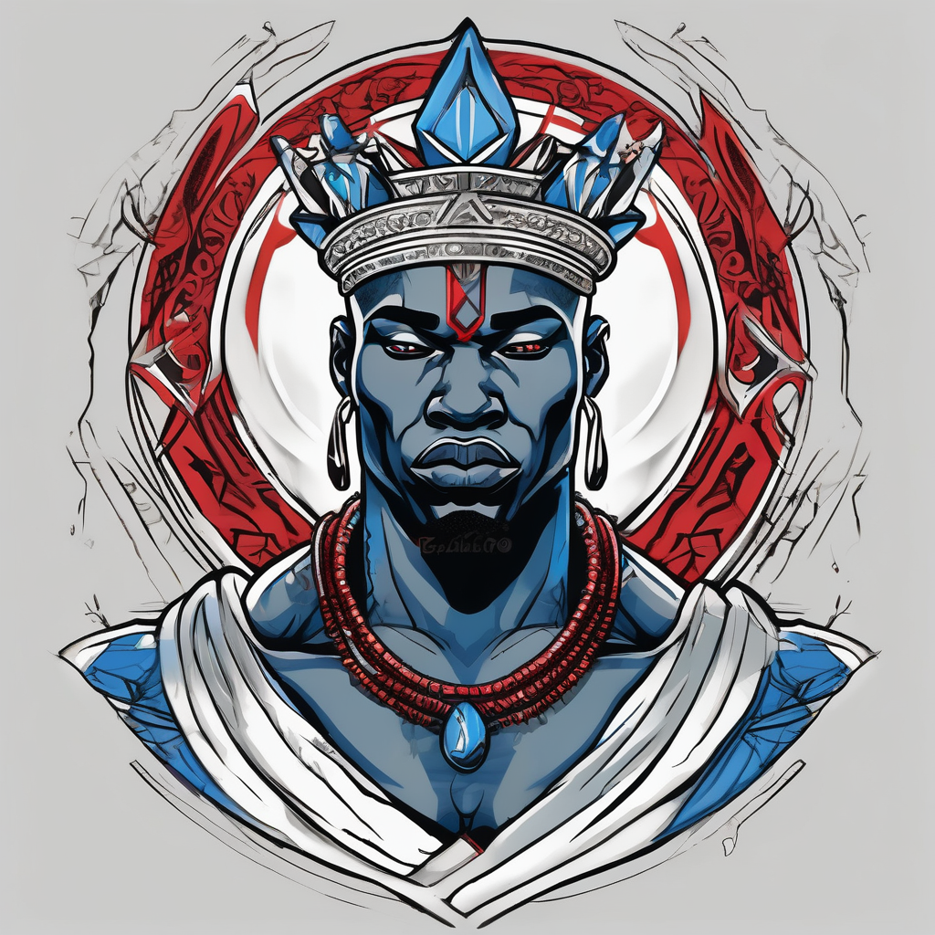 Black-skinned bald african god of war. He has a silver crown. He wears two simple necklaces: one blue, other red. Looking front black-lotus, AI-generated Old School tattoo design