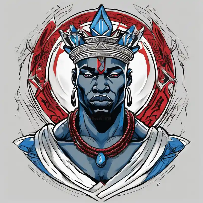 Black-skinned bald african god of war. He has a silver crown. He wears two simple necklaces: one blue, other red. Looking