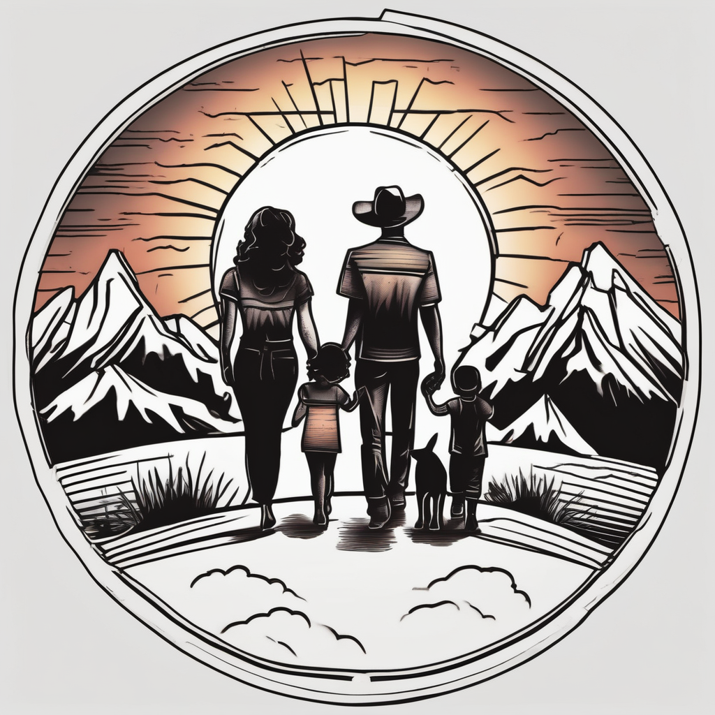 Family 2 parents, 1 baby boy, one 3-year girl and one black dog walking through the the sunset and mountains, diseño de tatuaje Old school generado con IA