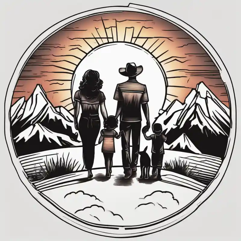 Family 2 parents, 1 baby boy, one 3-year girl and one black dog walking through the the sunset and mountains