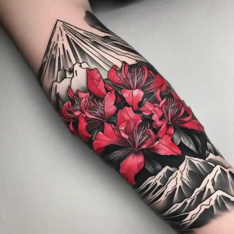 sketch style 2025年のタトゥーラップタトゥーアイデア about wrap around entire wrist red and black rhododendron trippy with Himalayas behind and wrap around entire wrist red and black rhododendron trippy with Himalayas behind