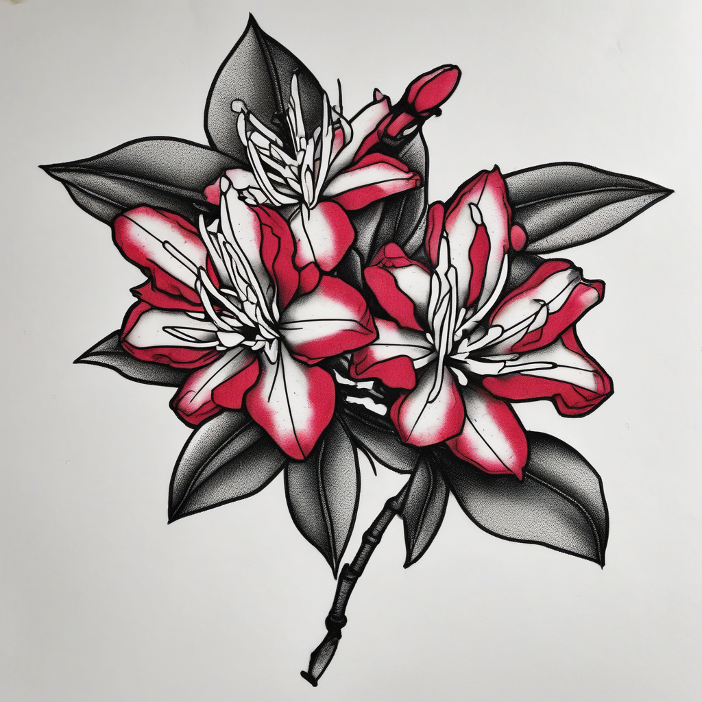 vertical wrist size red and black rhododendron trippy with Himalayas behind, design de tatouage Blackwork généré par IA